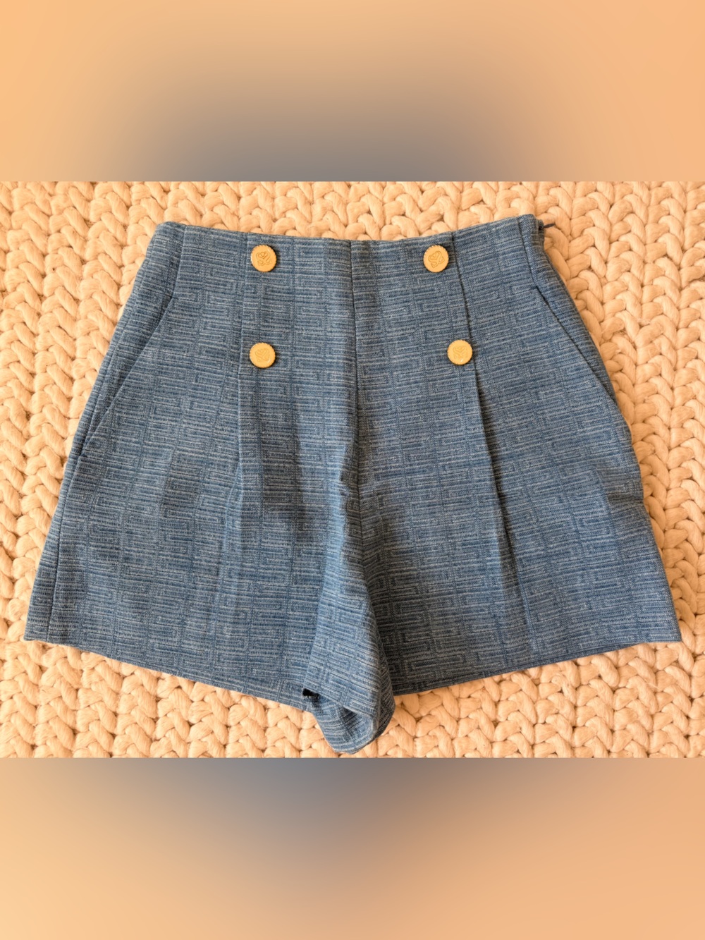 Sandro Paris Ori Jacquard High Waist Shorts Blue Geometric Brocade US 4 NWOT